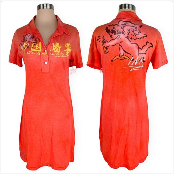 The Great China Wall Ink Orange Red Angel Can Logo Polo Shirt Dress NWT NEW M - Picture 1 of 8